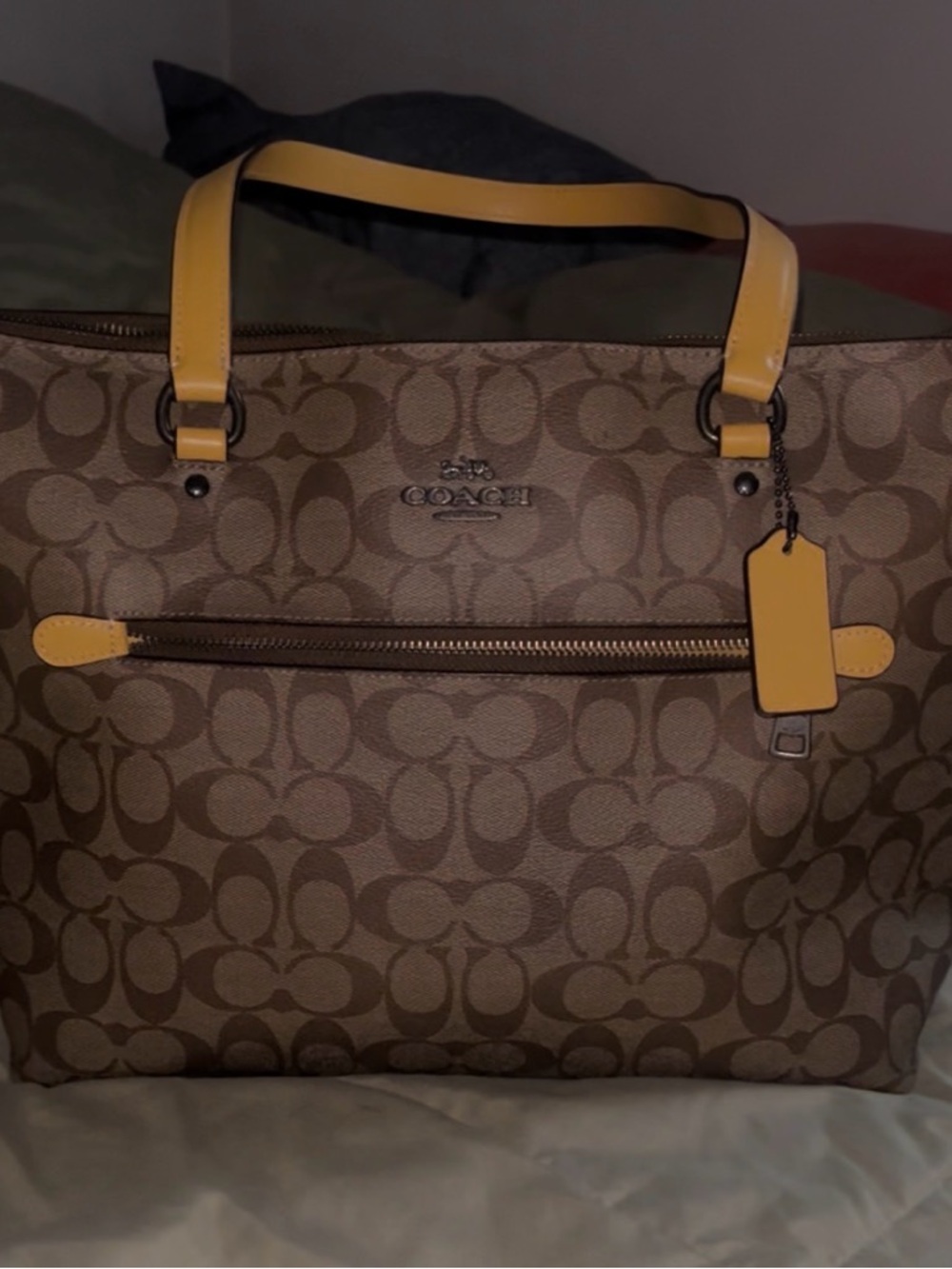 Coach Brown Signature Tote with Yellow Leather Handles